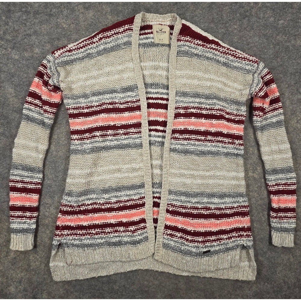 Hollister Women Striped Open Front Cardigan Sweater XS/S Burgundy Coral Grey
